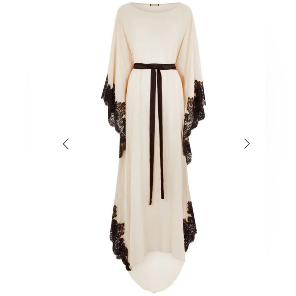 Rosamosario 100% Raw Silk Kaftan & Black Chantilly Lace “Natural Beauty” Large